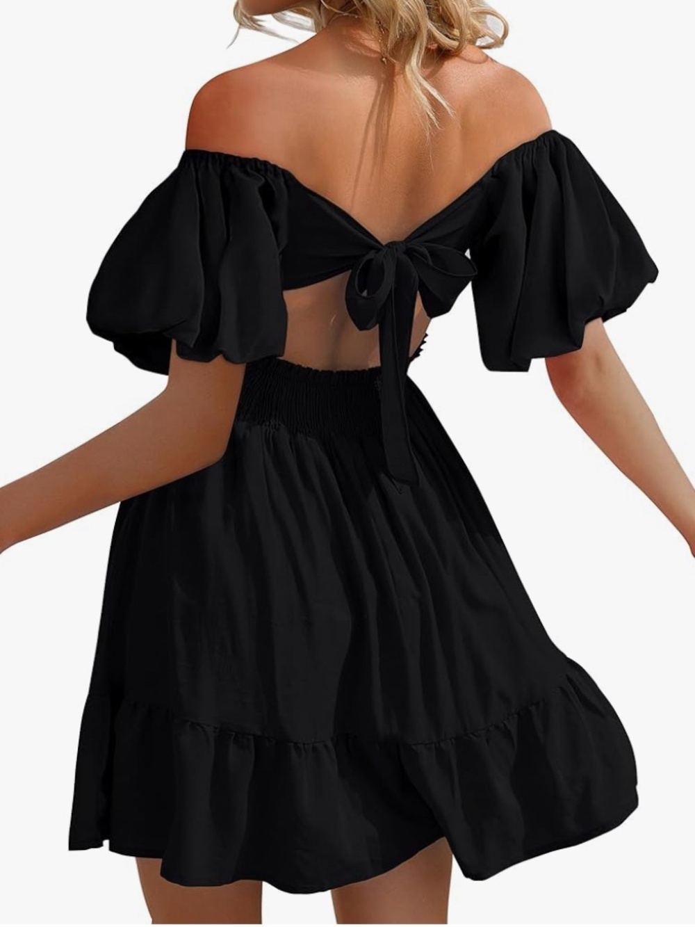 Black Puff Open Back Mini Dress - Size Medium